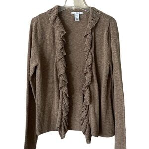 Sarah Spencer Open Cardigan ruffled front edge long sleeves tan size Large